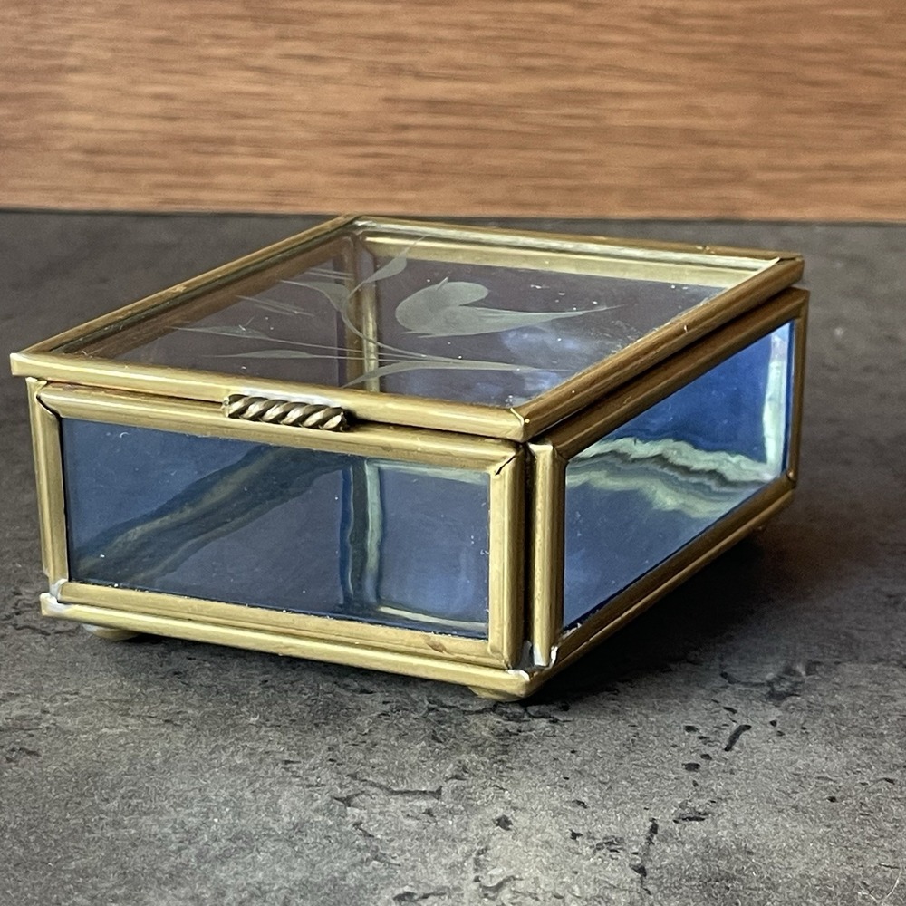 VTG Brass & Etched Glass Trinket Box Bird Floral Blue Glass Hinged Whimsy -Small